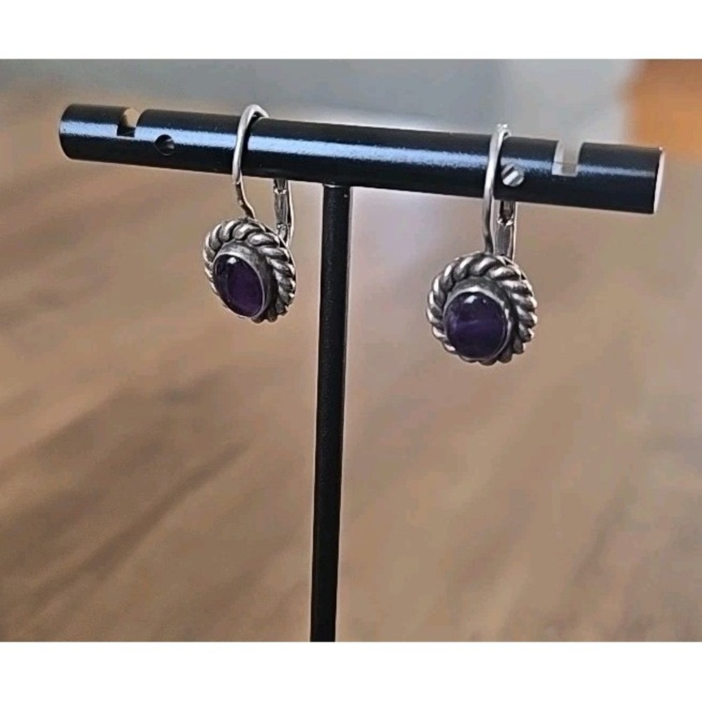 VTG FAS 925 Sterling Silver Amethyst Cabachon Oval Drop Leverback Earrings